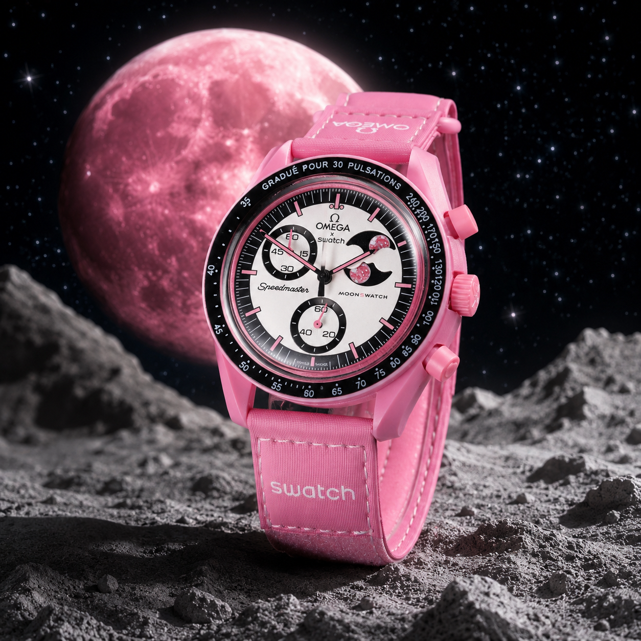 ساعت امگا سواچ ماه صورتی  mission to pink moon